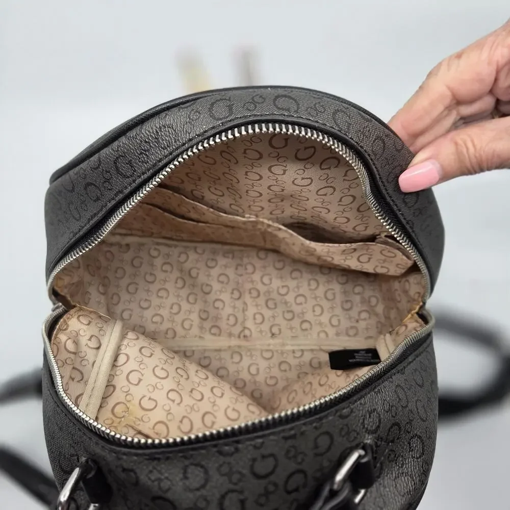 GUESS Los Angeles Mini Backpack Black Logo Print Zip Pocket Womens Bag
